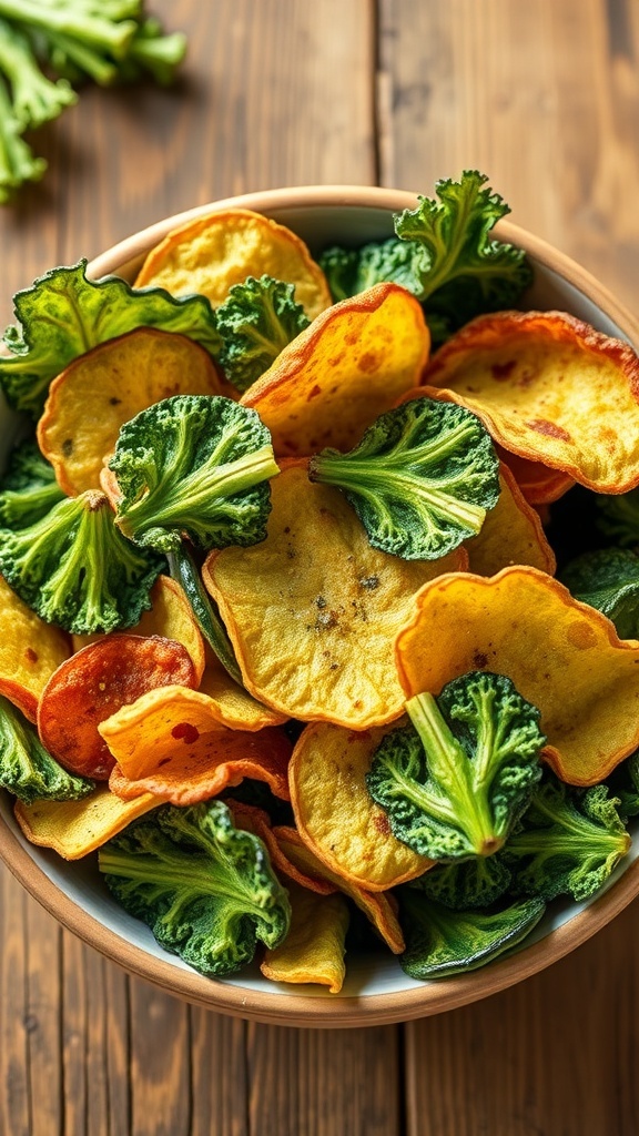Crispy Green Vegetable Chips Recipe A bowl of crispy green vegetable chips made from kale, spinach, and zucchini on a wooden table.